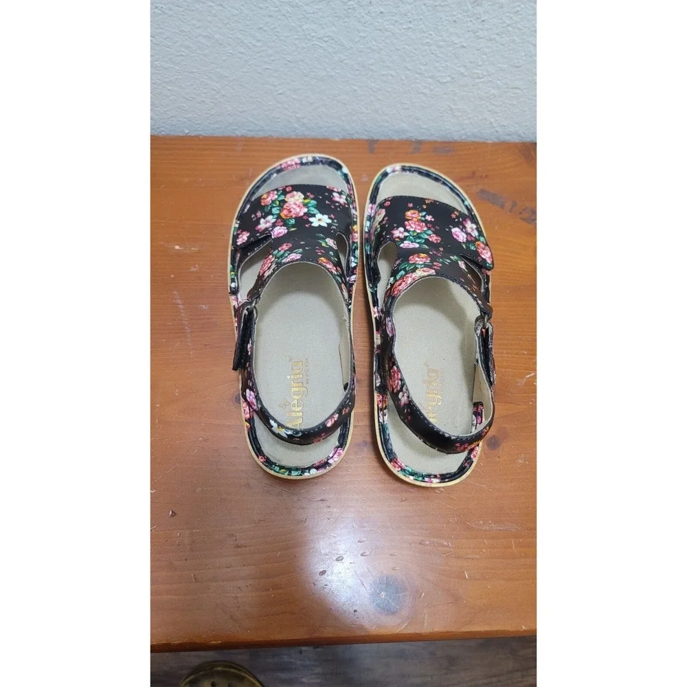 Alegria VIK-169 Floral Leather Sandals Womens 40 Black Slingback Comfort‎ Wedge